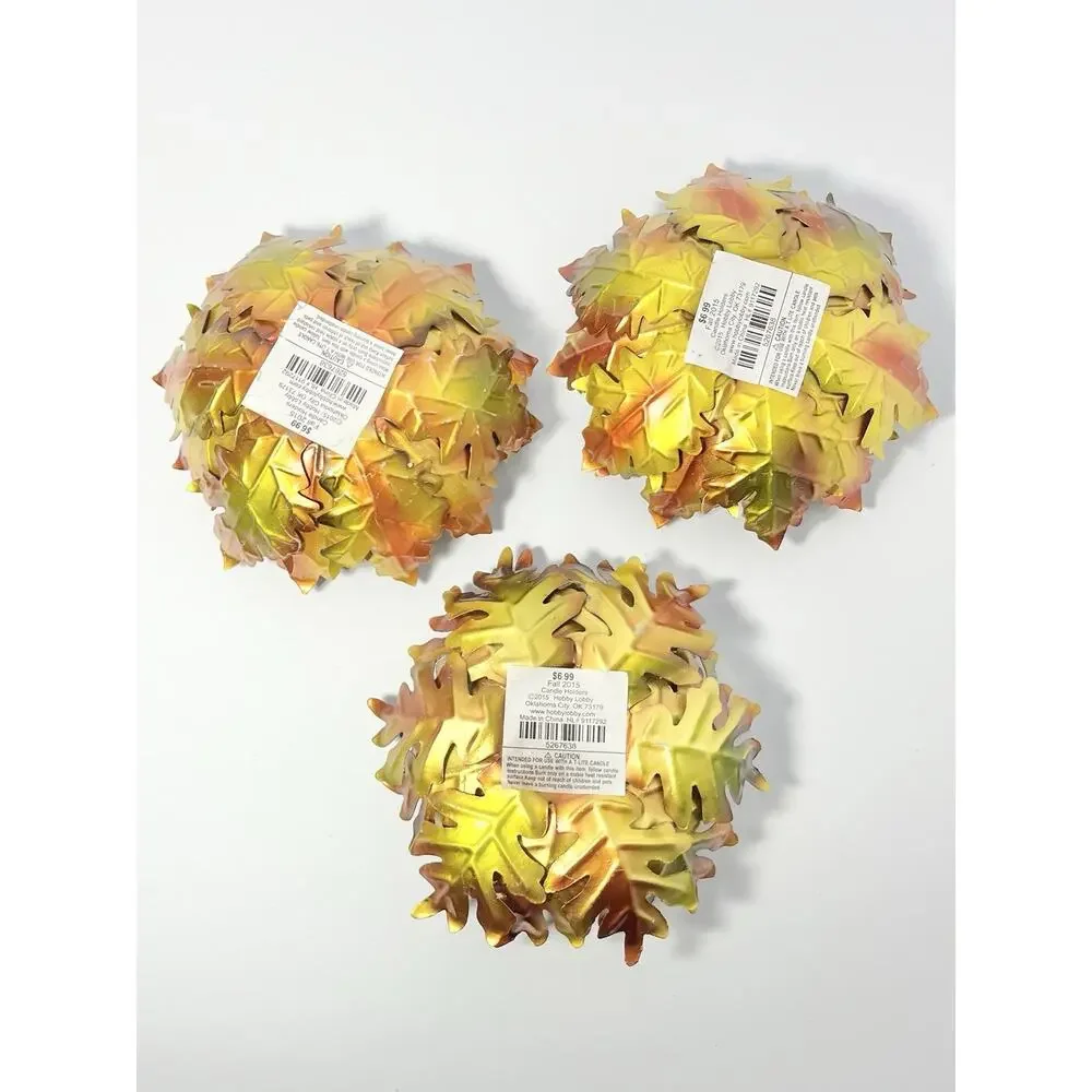 2015 Hobby Lobby 3 Fall Orange Yellow Tin Metal Leaf Votive Candle Holders 5.5”